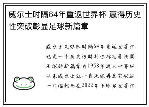威尔士时隔64年重返世界杯 赢得历史性突破彰显足球新篇章